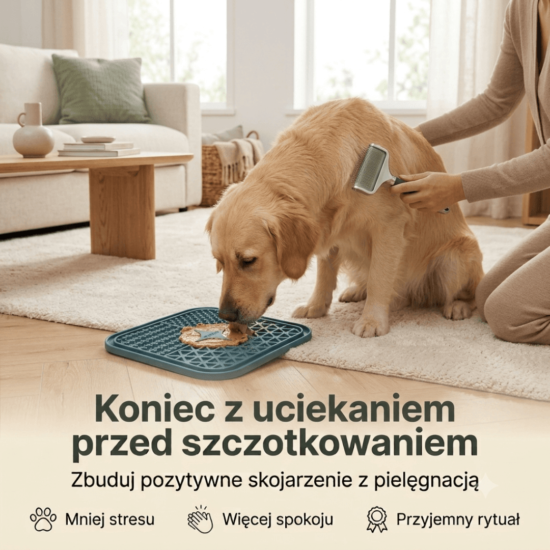 Mata zajmująca psa podczas czesania