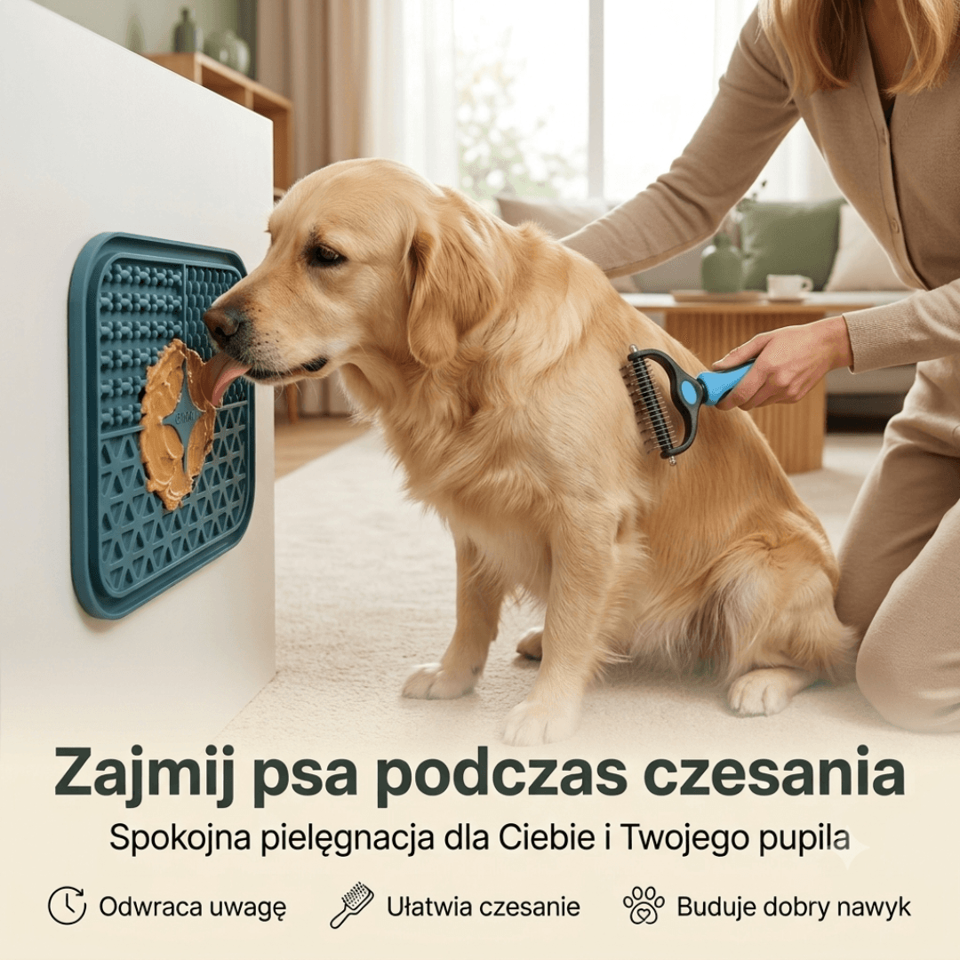 Mata zajmująca psa podczas czesania